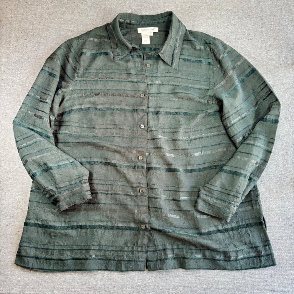 Coldwater Creek Womens 1X Green Crinkle Velvet Stripe Button Down Blouse - Picture 1 of 8